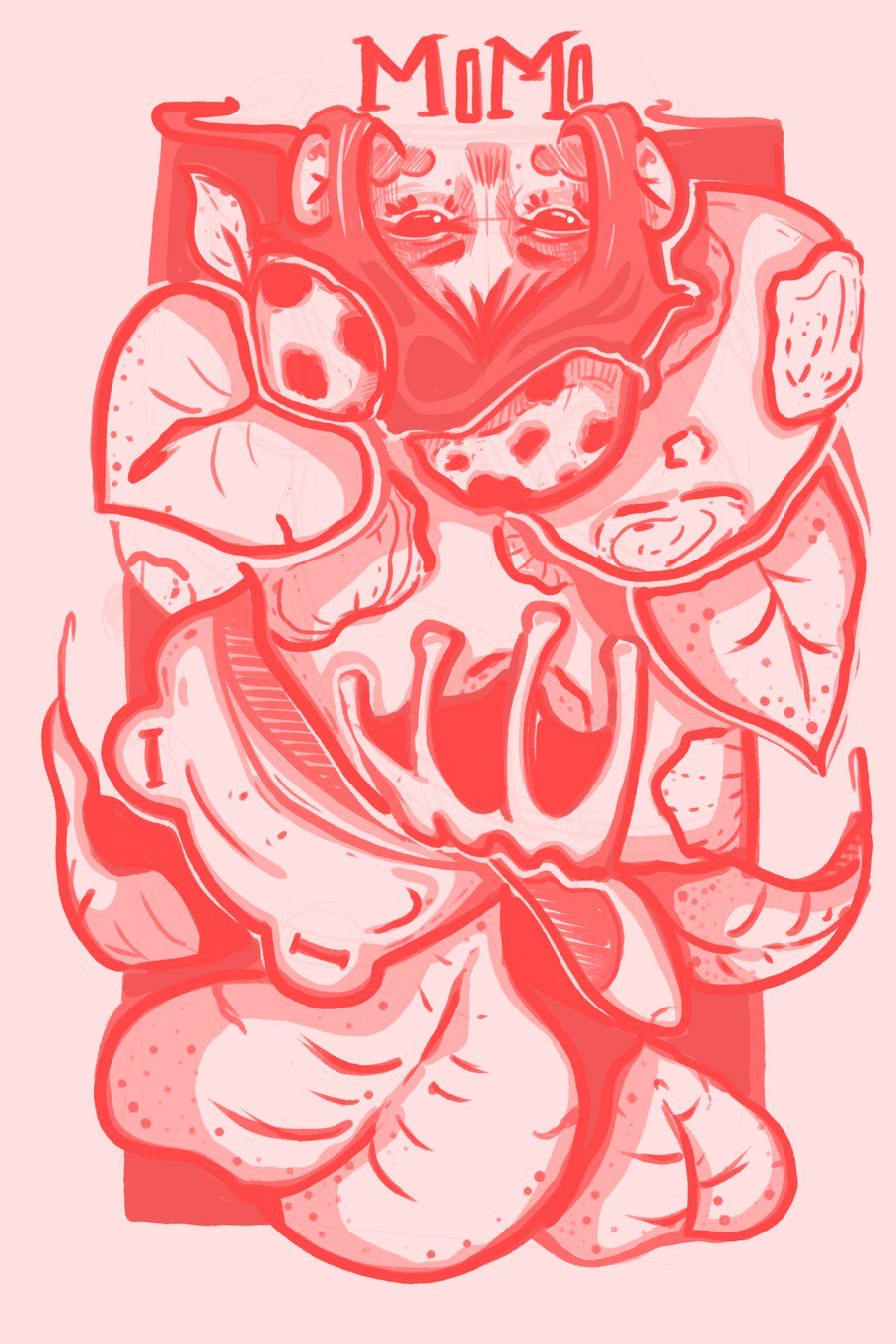 Ilustración de MoMo: un rostro entre hojas y hongos, trazado a tinta en una sola gama de rojos, firmado MOMO